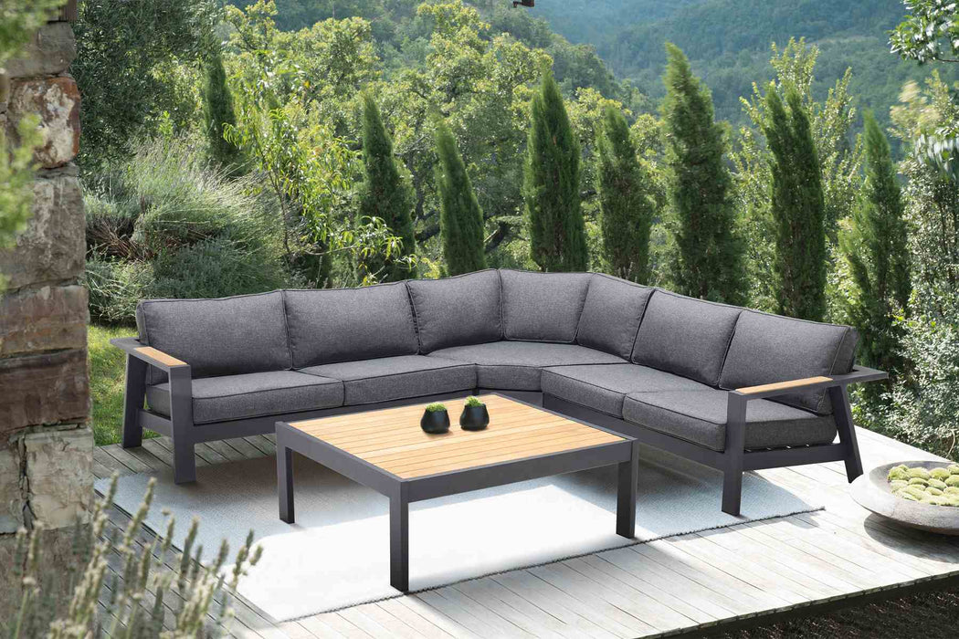Palau 4 Piece Outdoor Sectional Set with Cushions in Dark Gray and Natural Teak Wood Accent