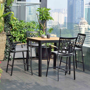 Portals 5 Piece Outdoor Patio Aluminum Bar Set in Black Finish and Natural Teak Wood Accent Top - Furniture City (CA)l
