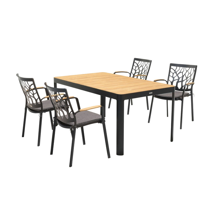 Portals Outdoor 5 piece Dining Table Set in Black Finish and Natural Teak Wood Accent Top