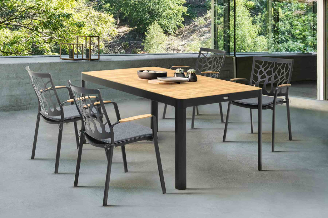 Portals Outdoor 5 piece Dining Table Set in Black Finish and Natural Teak Wood Accent Top