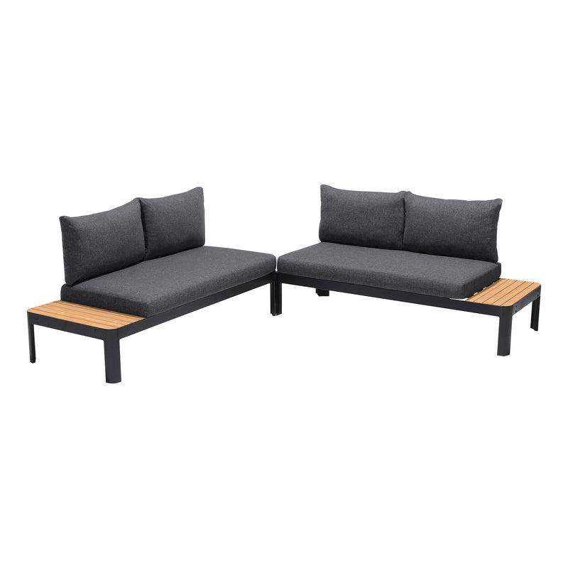 Portals Outdoor 2 piece Sofa Set in Black Finish with Natural Teak Wood Accent - Furniture City (CA)l