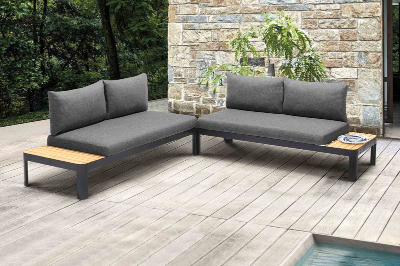 Portals Outdoor 2 piece Sofa Set in Black Finish with Natural Teak Wood Accent - Furniture City (CA)l