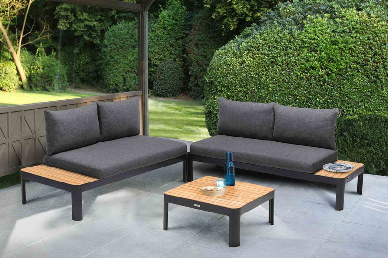 Portals Outdoor 3 Piece Sofa Set in Black Finish with Natural Teak Wood Top Accent - Furniture City (CA)l
