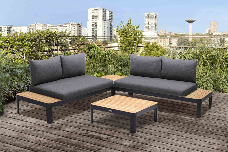 Portals Outdoor 4 Piece Sofa set in Black Finish with Natural Teak Wood Top Accent - Furniture City (CA)l