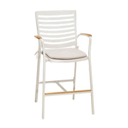 Portals 5 Piece Outdoor Patio Aluminum Bar Set with Natural Teak wood Accent Top in Light Matte Sand Finish - Furniture City (CA)l