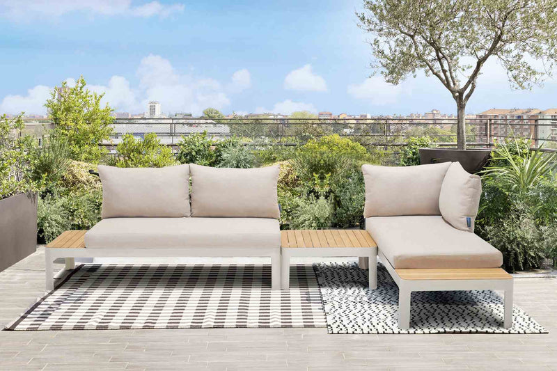 Portals Outdoor 3 Piece Sofa Set in Light Matte Sand Finish with Natural Teak Wood Top Accent - Furniture City (CA)l