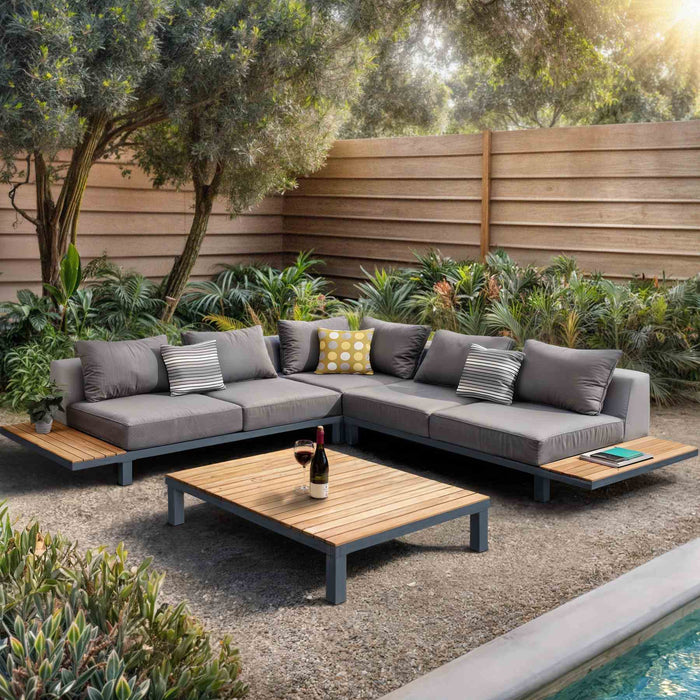 Polo 4 piece Outdoor Sectional Set with Dark Gray Cushions and Modern Accent Pillows
