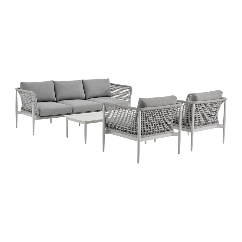 Rhodes Outdoor Patio 4 Piece Conversation Set in Aluminum with Sintered Stone and Gray Cushions - Furniture City (CA)l