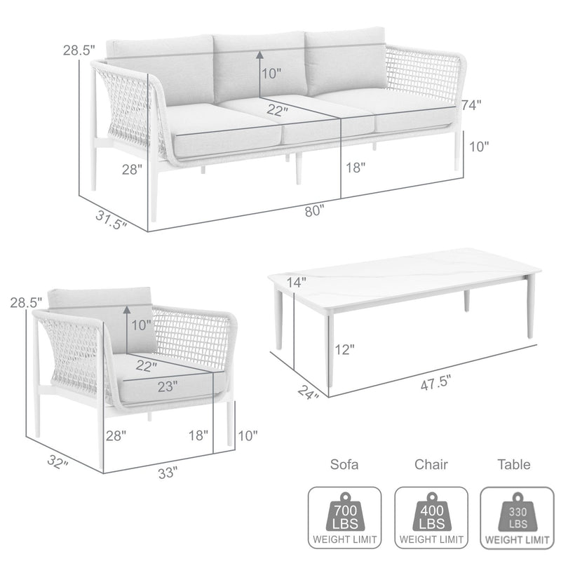 Rhodes Outdoor Patio 4 Piece Conversation Set in Aluminum with Sintered Stone and Gray Cushions - Furniture City (CA)l