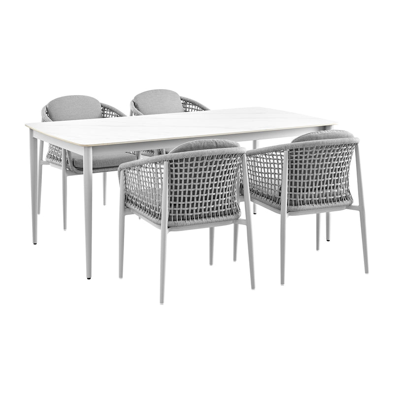 Rhodes Outdoor Patio 5 Piece Dining Set in Aluminum with Sintered Stone and Gray Cushions - Furniture City (CA)l