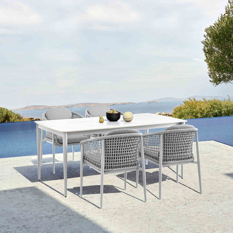 Rhodes Outdoor Patio 5 Piece Dining Set in Aluminum with Sintered Stone and Gray Cushions - Furniture City (CA)l
