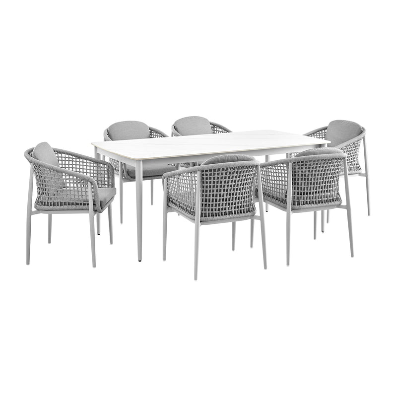 Rhodes Outdoor Patio 7 Piece Dining Set in Aluminum with Sintered Stone and Gray Cushions - Furniture City (CA)l