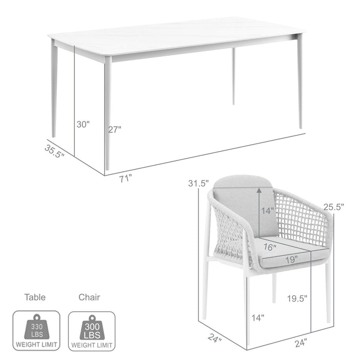 Rhodes Outdoor Patio 7 Piece Dining Set in Aluminum with Sintered Stone and Gray Cushions