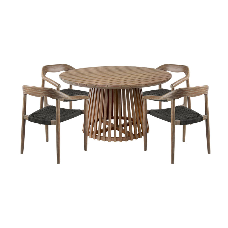Escondido Santo Outdoor Patio 5 Piece Round Dining Set in Eucalyptus Wood and Charcoal Rope - Furniture City (CA)l