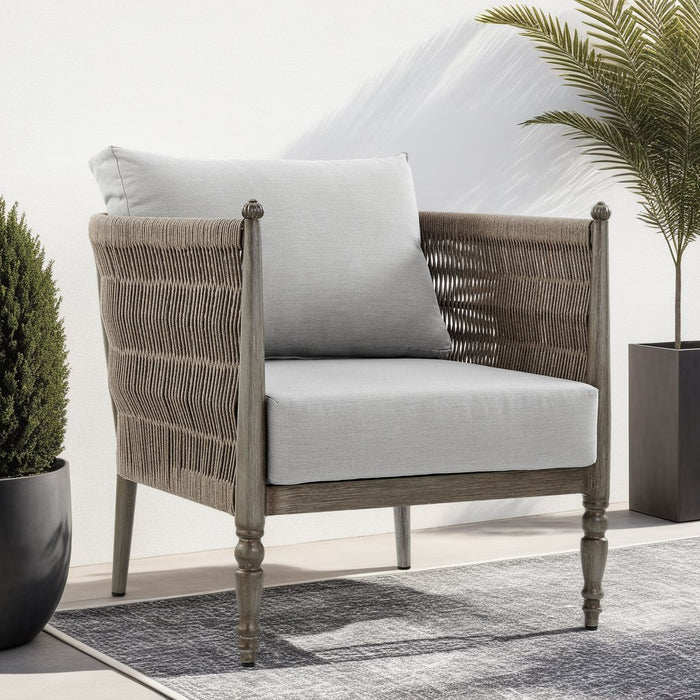 Safari Aluminum and Rope Outdoor Chair in Brown with Gray Cushions