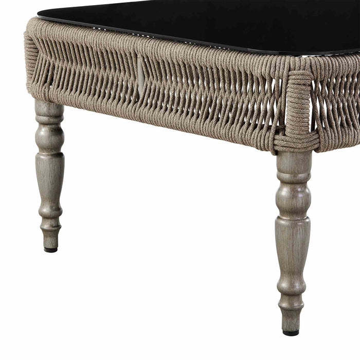 Safari Aluminum and Glass Outdoor Coffee Table in Brown with Rope Weaving
