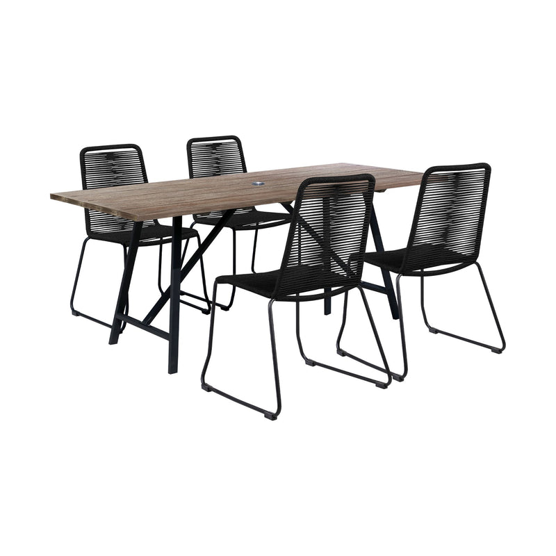 Frinton and Shasta 5 Piece Outdoor Patio Dining Set in Light Eucalyptus Wood and Black Rope - Furniture City (CA)l