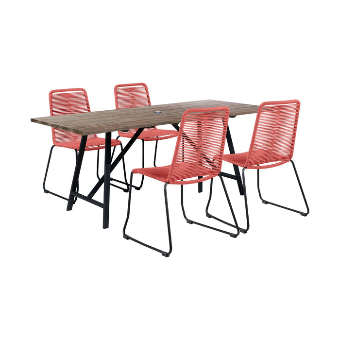 Frinton and Shasta 5 Piece Outdoor Patio Dining Set in Light Eucalyptus Wood and Brick Red Rope