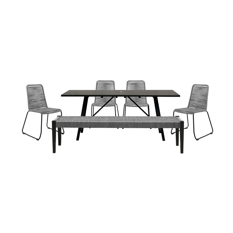 Frinton Shasta and Rhett 6 Piece Outdoor Dining Set in Dark Eucalyptus Wood with Gray Rope - Furniture City (CA)l