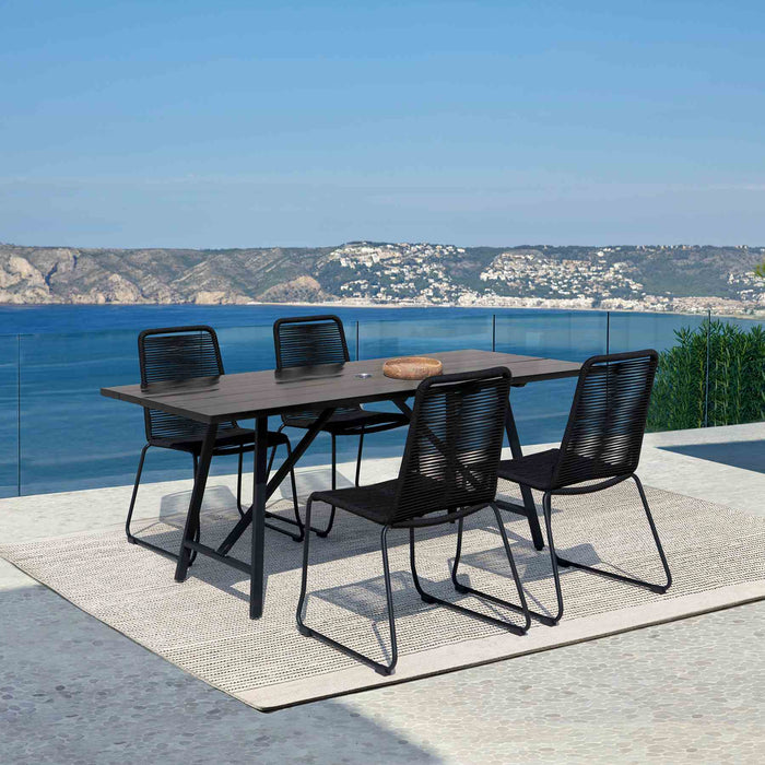 Frinton and Shasta 5 Piece Dining Set in Dark Eucalyptus and Metal with Black Rope
