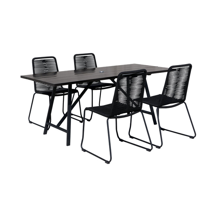 Frinton and Shasta 5 Piece Dining Set in Dark Eucalyptus and Metal with Black Rope