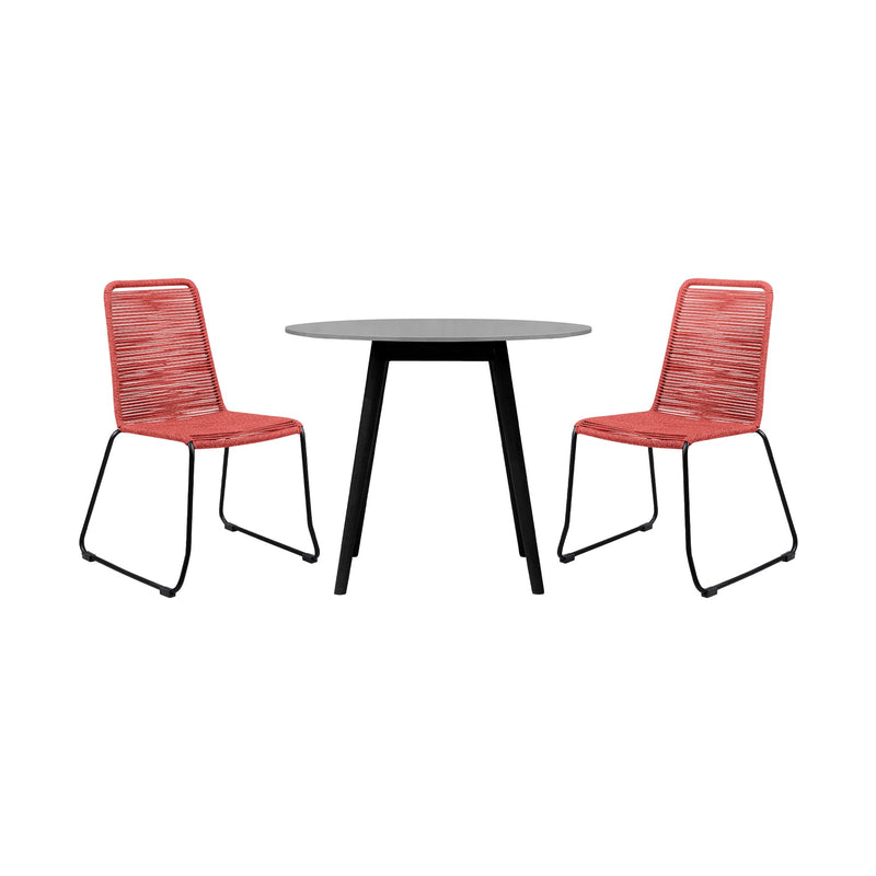 Kylie and Shasta 3 Piece Outdoor Patio 36" Dining Set in Black Eucalyptus Wood and Brick Red Rope - Furniture City (CA)l