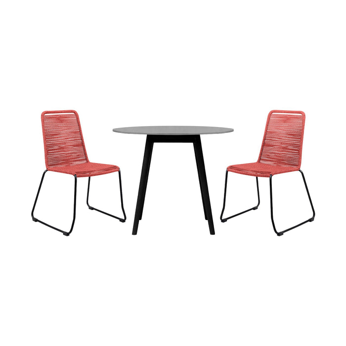 Kylie and Shasta 3 Piece Outdoor Patio 36" Dining Set in Black Eucalyptus Wood and Brick Red Rope