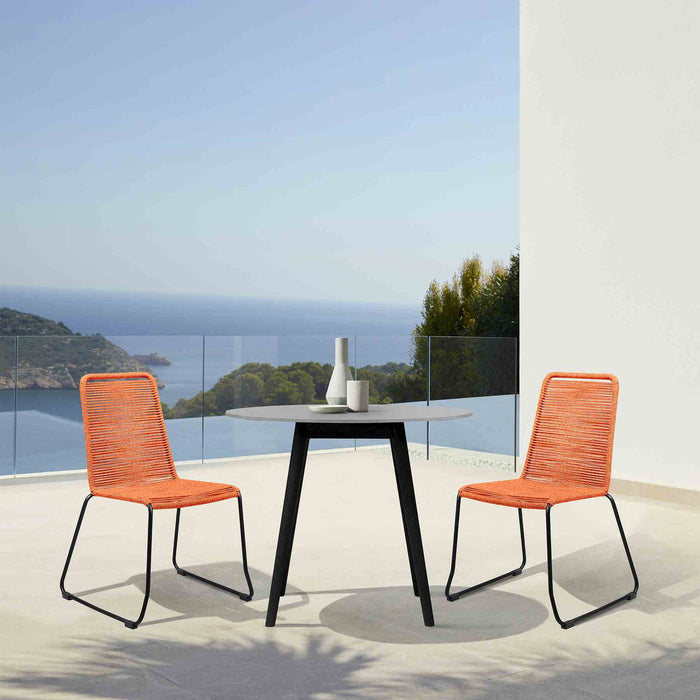 Kylie and Shasta 3 Piece Outdoor Patio 36" Dining Set in Black Eucalyptus Wood and Tangerine Rope