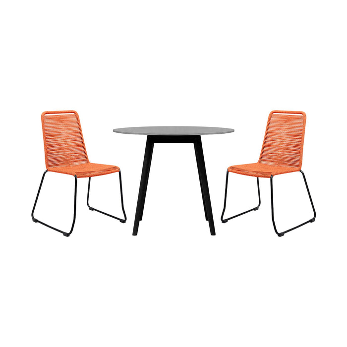 Kylie and Shasta 3 Piece Outdoor Patio 36" Dining Set in Black Eucalyptus Wood and Tangerine Rope