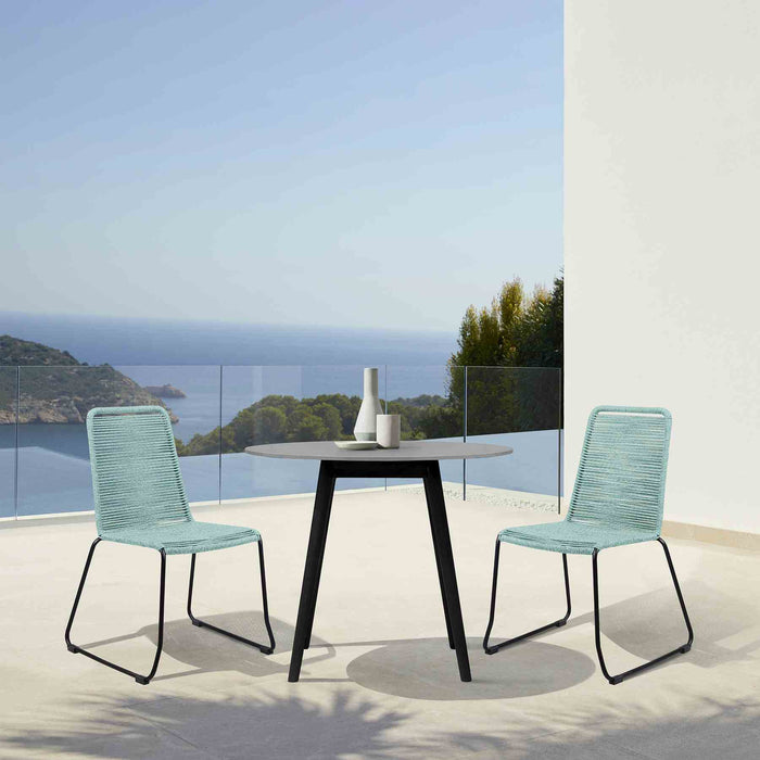 Kylie and Shasta 3 Piece Outdoor Patio 36" Dining Set in Black Eucalyptus Wood and Wasabi Rope