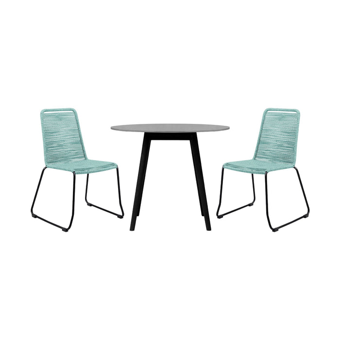 Kylie and Shasta 3 Piece Outdoor Patio 36" Dining Set in Black Eucalyptus Wood and Wasabi Rope