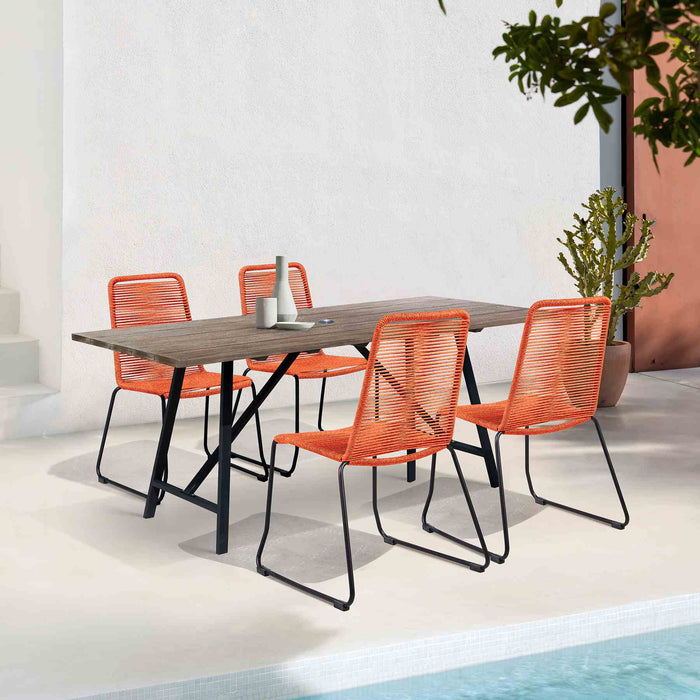 Frinton and Shasta 5 Piece Outdoor Patio Dining Set in Light Eucalyptus Wood and Tangerine Rope