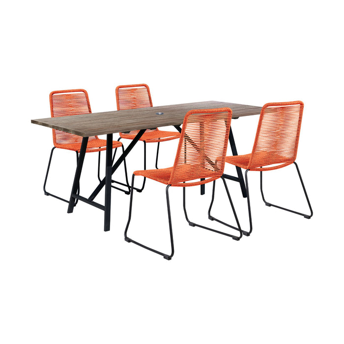 Frinton and Shasta 5 Piece Outdoor Patio Dining Set in Light Eucalyptus Wood and Tangerine Rope