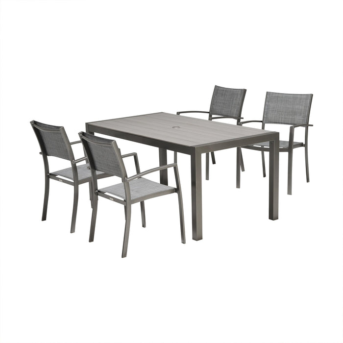 Solana 5 piece Outdoor Aluminum Dining Set in Cosmos Gray Finish with Wood Top
