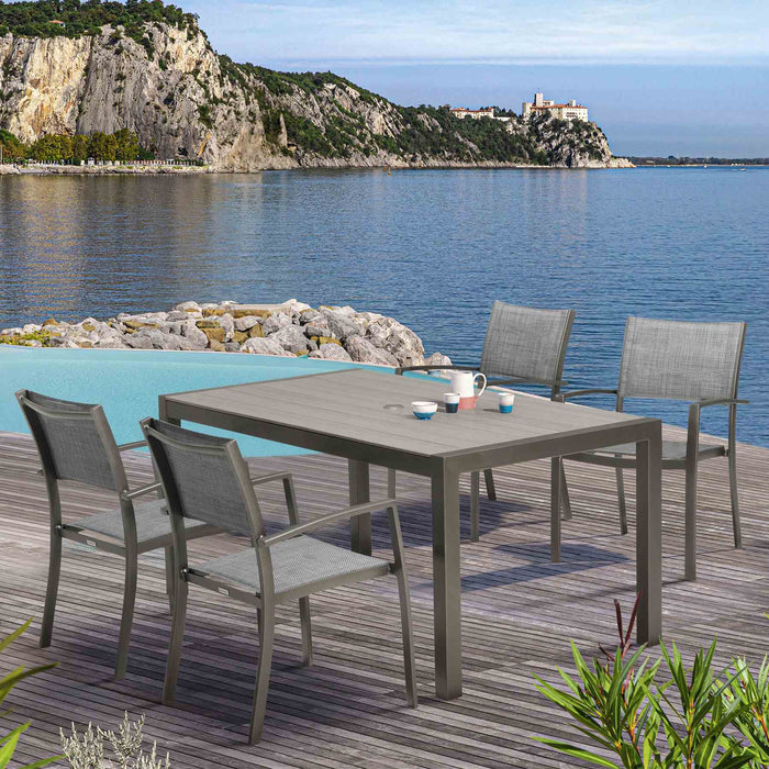 Solana 5 piece Outdoor Aluminum Dining Set in Cosmos Gray Finish with Wood Top