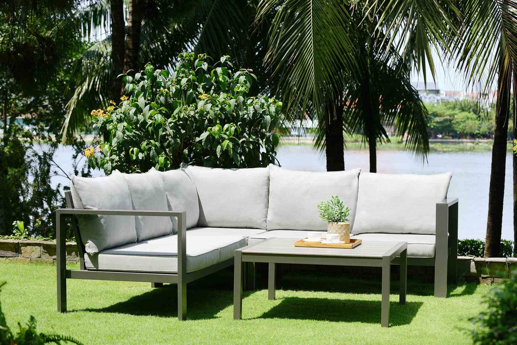 Solana Outdoor Sectional Set in Cosmos Finish with Gray Cushions and Coffee Table