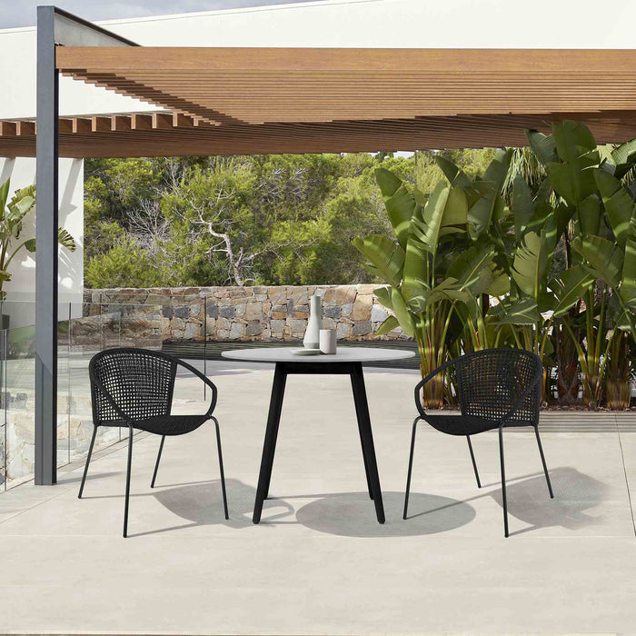 Kylie and Snack 3 Piece Outdoor Patio 36" Dining Set in Black Eucalyptus Wood and Black Rope