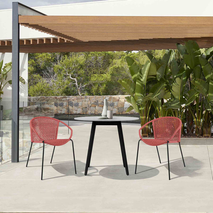 Kylie and Snack 3 Piece Outdoor Patio 36" Dining Set in Black Eucalyptus Wood and Brick Red Rope