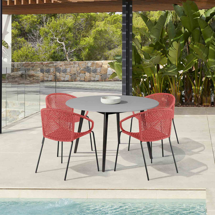 Kylie and Snack 5 Piece Outdoor Patio Dining Set in Brick Red Rope with Black Eucalyptus Wood