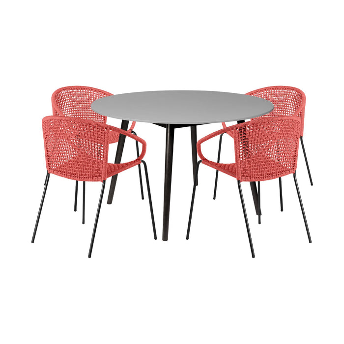 Kylie and Snack 5 Piece Outdoor Patio Dining Set in Brick Red Rope with Black Eucalyptus Wood