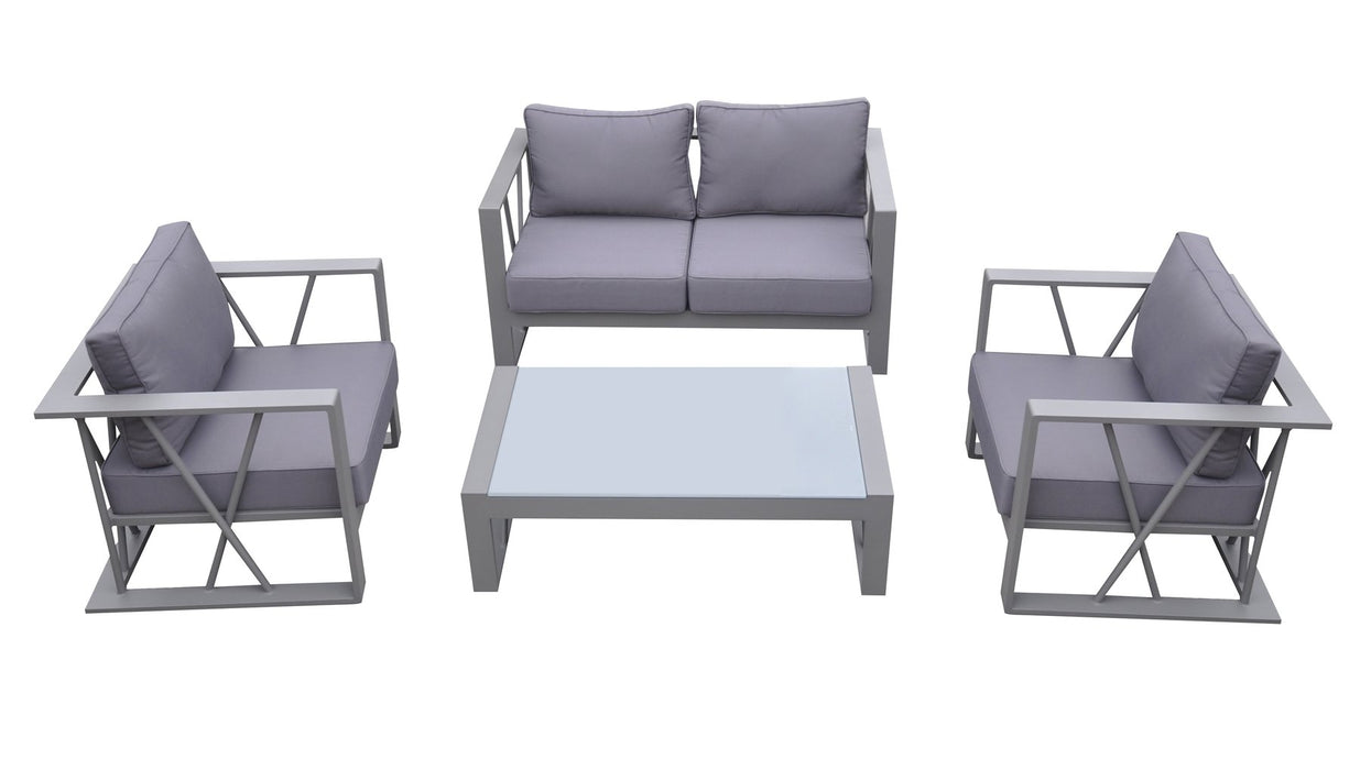 St Barts 4 piece Outdoor Patio Aluminum Set with Gray Fabric Cushions and White Glass Top