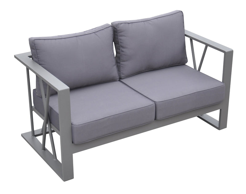 St Barts 4 piece Outdoor Patio Aluminum Set with Gray Fabric Cushions and White Glass Top - Furniture City (CA)l