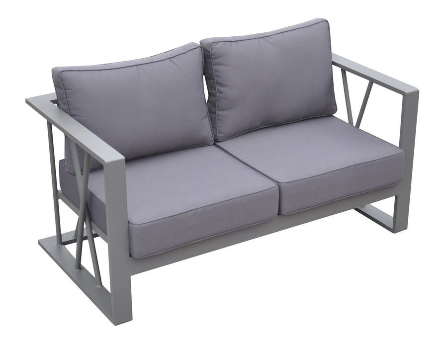 St Barts 4 piece Outdoor Patio Aluminum Set with Gray Fabric Cushions and White Glass Top