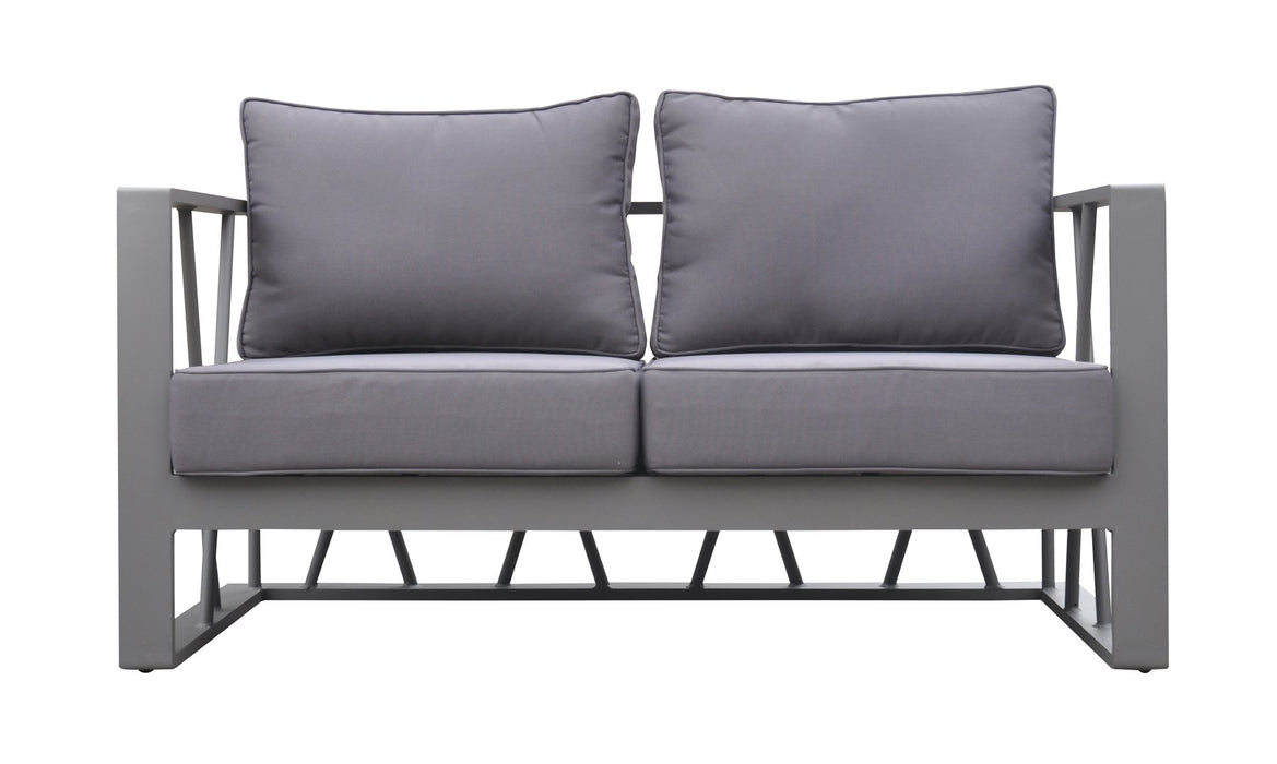 St Barts 4 piece Outdoor Patio Aluminum Set with Gray Fabric Cushions and White Glass Top