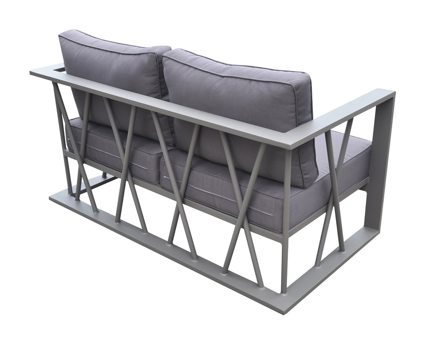 St Barts 4 piece Outdoor Patio Aluminum Set with Gray Fabric Cushions and White Glass Top