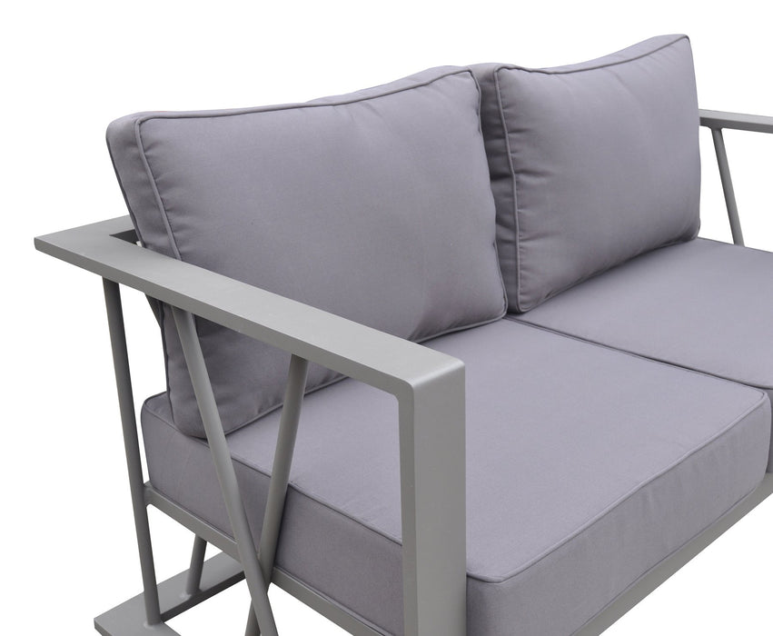 St Barts 4 piece Outdoor Patio Aluminum Set with Gray Fabric Cushions and White Glass Top