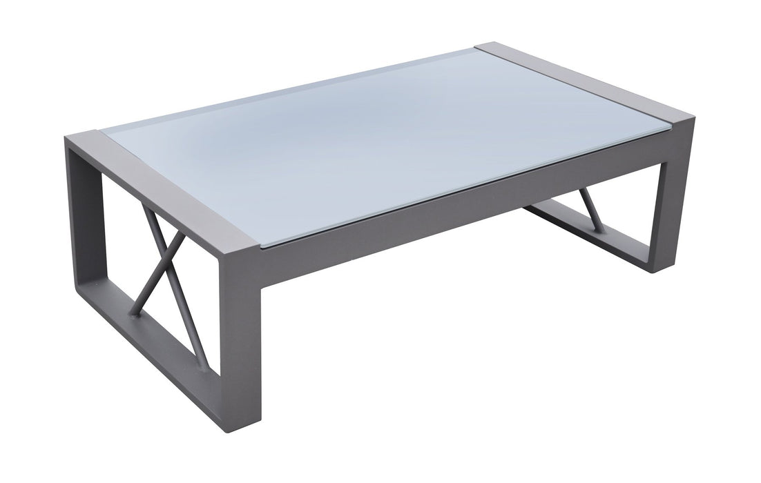 St Barts 4 piece Outdoor Patio Aluminum Set with Gray Fabric Cushions and White Glass Top