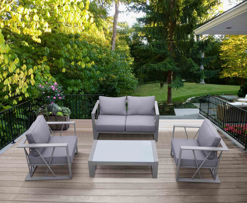 St Barts 4 piece Outdoor Patio Aluminum Set with Gray Fabric Cushions and White Glass Top - Furniture City (CA)l