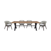 Glendora Tutti Frutti Outdoor Patio 5 Piece Live Edge Dining Set in Eucalyptus Wood Gray Rope and Cushions - Furniture City (CA)l