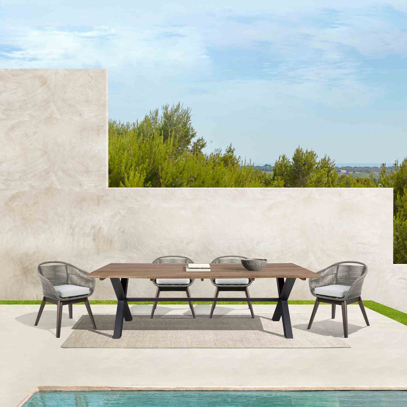 Glendora Tutti Frutti Outdoor Patio 5 Piece Live Edge Dining Set in Eucalyptus Wood Gray Rope and Cushions - Furniture City (CA)l